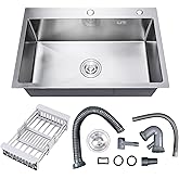 DuyviSteil 30" x 18" x 9" Topmount Kitchen Sink, 304 Stainless Steel Drop in Single Bowl Sink with Basket Strainer for RV, Tr