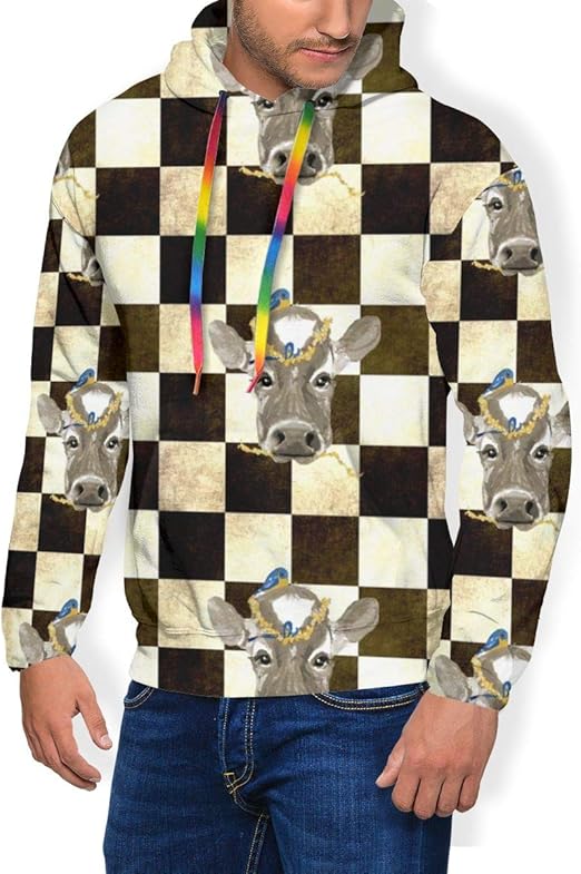 Men's Graphic Print Hoodie Cow with Bluebird Faux Fur Lining