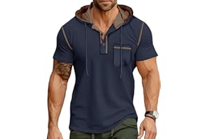Tshirt for Men Casual Short Sleeve Hooded T-Shirt Quarter Button Placket Chest Pocket Drawstring Hood Relaxed Fit Streetwear