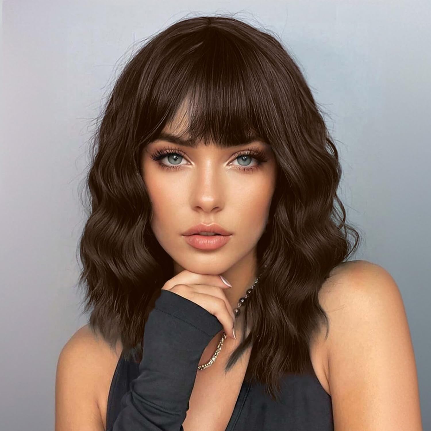 Photo 1 of ENTRANCED STYLES Dark Brown Short Wavy Wig With Bangs Brown Wigs for Women 14inch Shoulder Length Bob Curly Wavy Wig Natural Wavy Synthetic Heat Resistant Fiber Hair for Daily Party Halloween Use