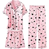 Schbbbta Girls Pajama Set Button Down Silk Pajama Sleepwear Nightwear for Kids, Pink Heart, 9-10 Years = Tag 150
