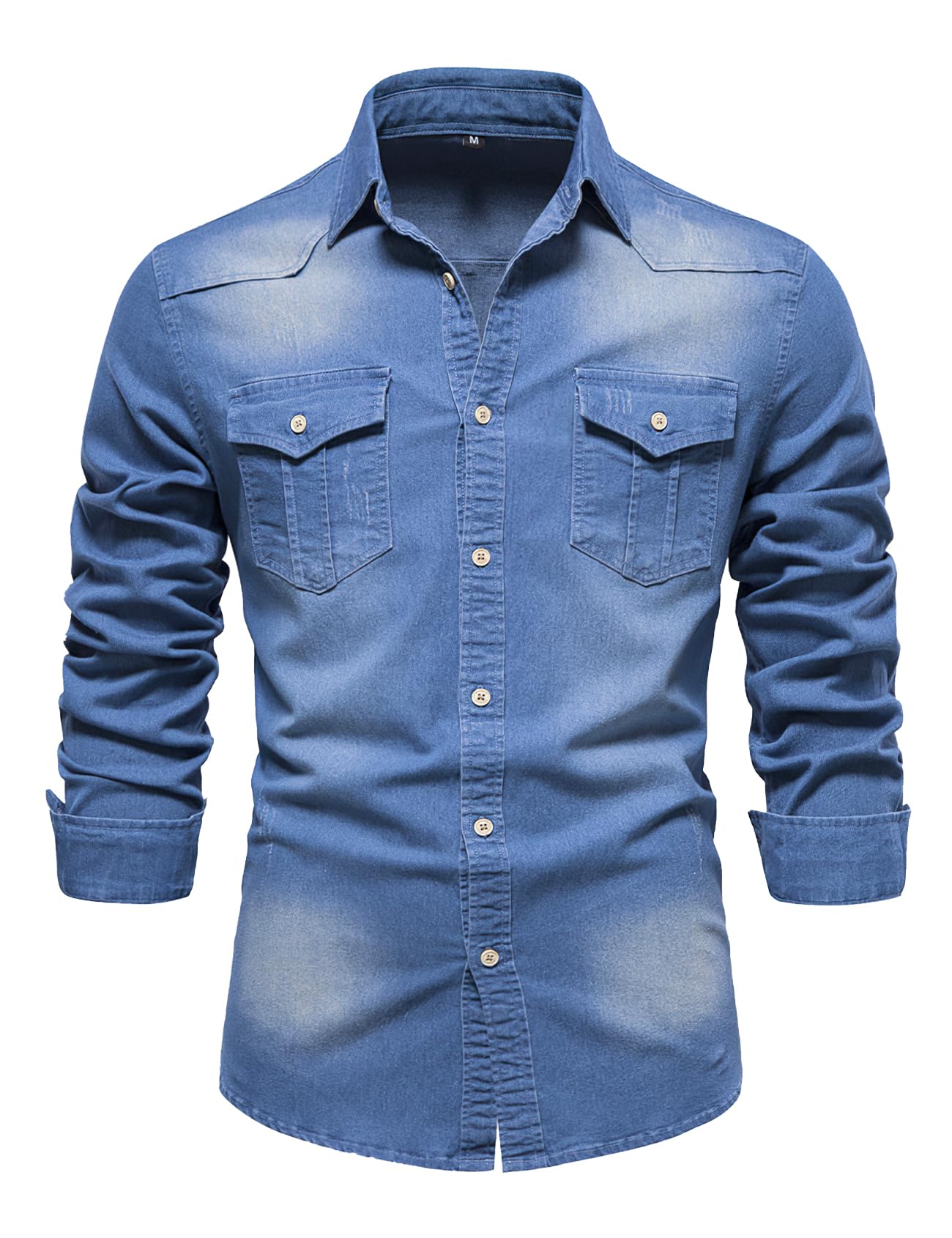 Photo 1 of Eisctnd Men's Denim Button Down Shirt Classic Fit Long Sleeve Jean Work Shirts with 2 Pockets(Blue-S)
