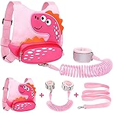 Toddler Leash Harness + Anti Lost Wrist Link, Accmor Cute Dinosaur Kids Harnesses with Leashes,3 in 1 Baby Walking Wristband Child Outdoor Anti-lsot Tether Rope Reins for Chidren Girls (Pink)