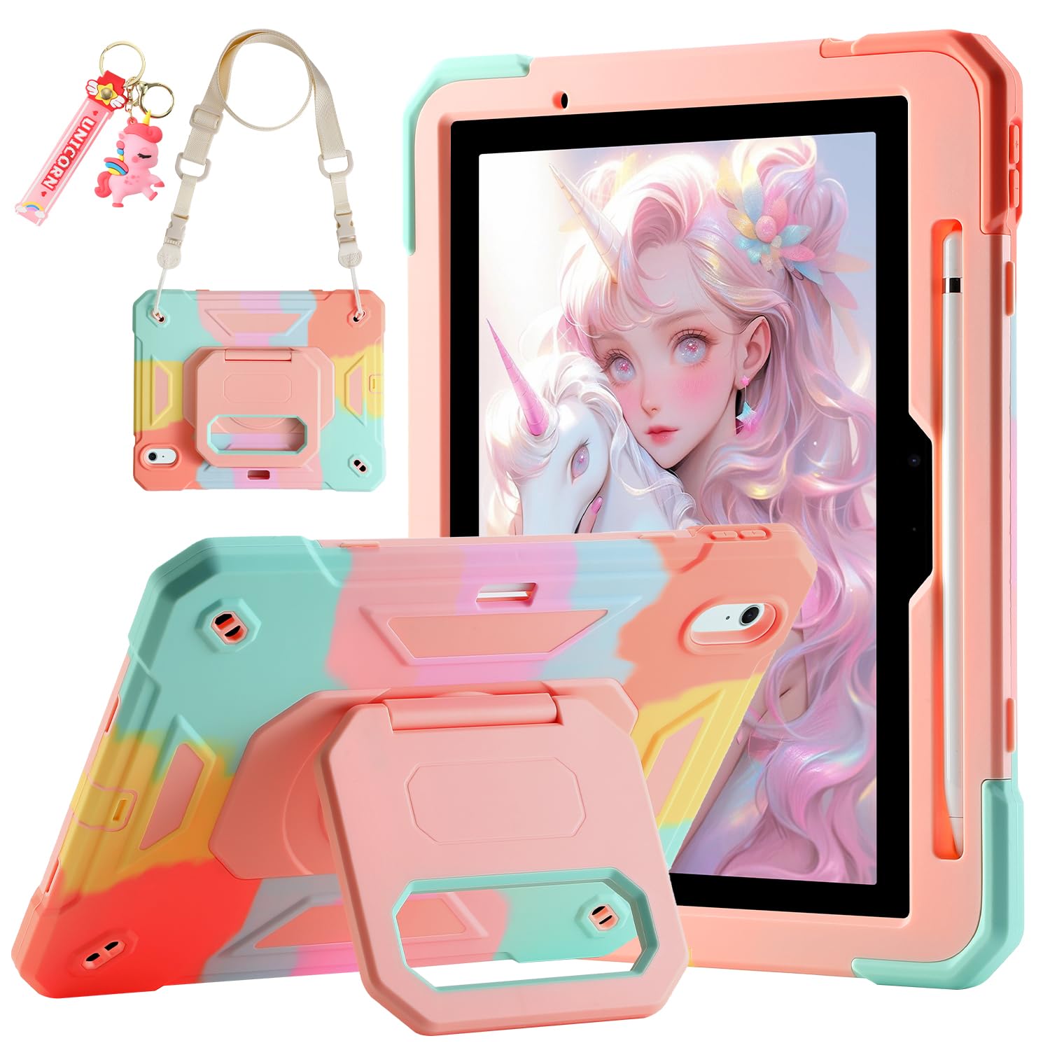 Photo 1 of for iPad Air 11 Case (M3) 2025/ iPad Air 11 Case 2024 (M2) with Pen Slot/360 Rotating Grip Magic Stand, Keychain/Shoulder Strap, Full-Body Rugged Cover for iPad Air 6th Generation (Colorful)