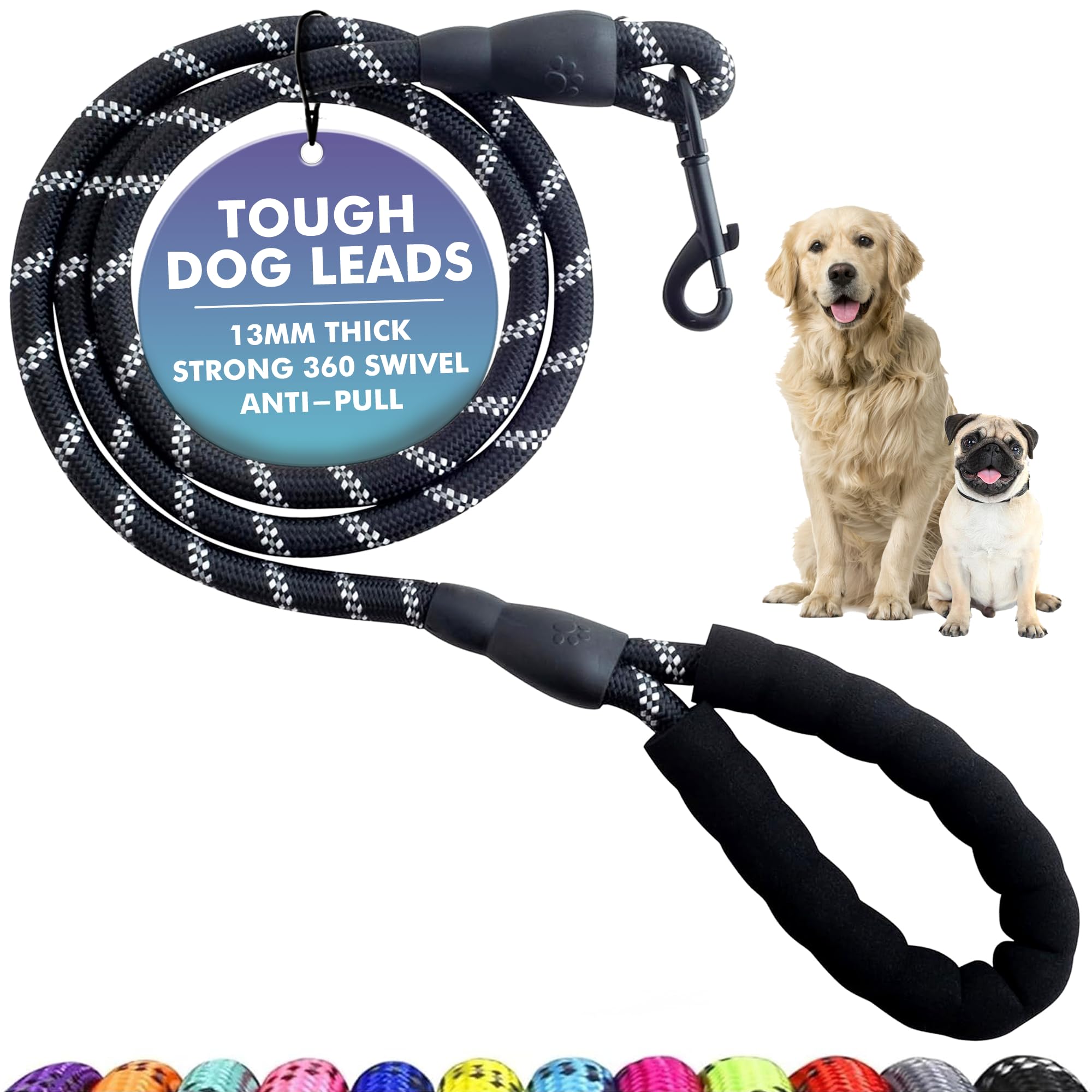 Spanner In The Works® | Black Dog Leads For Large Dogs - Reflective Strong Dog Lead, 1.5 Metre Long Rope Lead, Thick 13mm Anti Pull Leash | Comfort Handle, Strong 360 Swivel Leashes — image 1