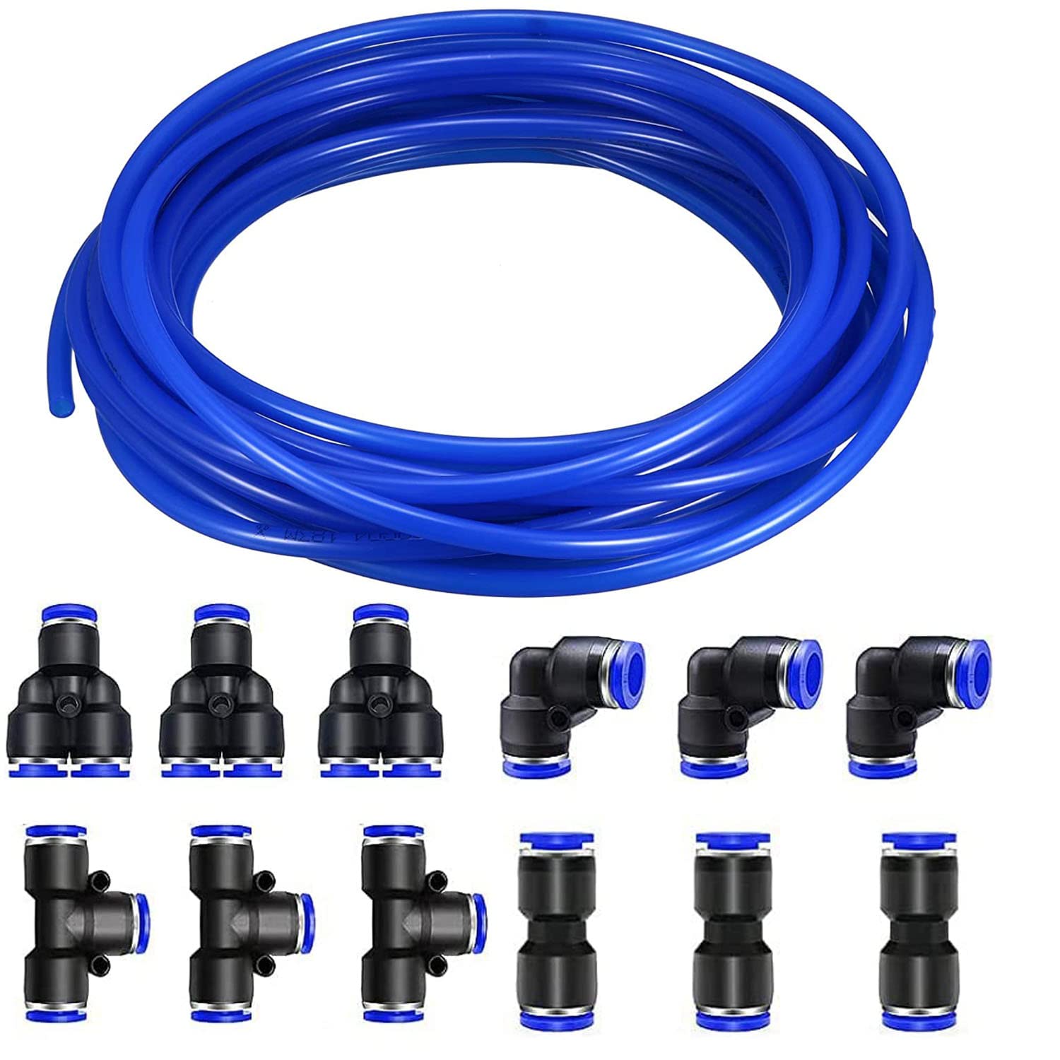 RUNCCI-YUN Pneumatic Air Tubing Blue 4mm or 5/32 inch OD 2.5mm ID Polyurethane PU Air Hose Pipe Tube Kit 10 M+12pcs 4mm Pneumatic Connector，Push fit connectors，Hose Connector