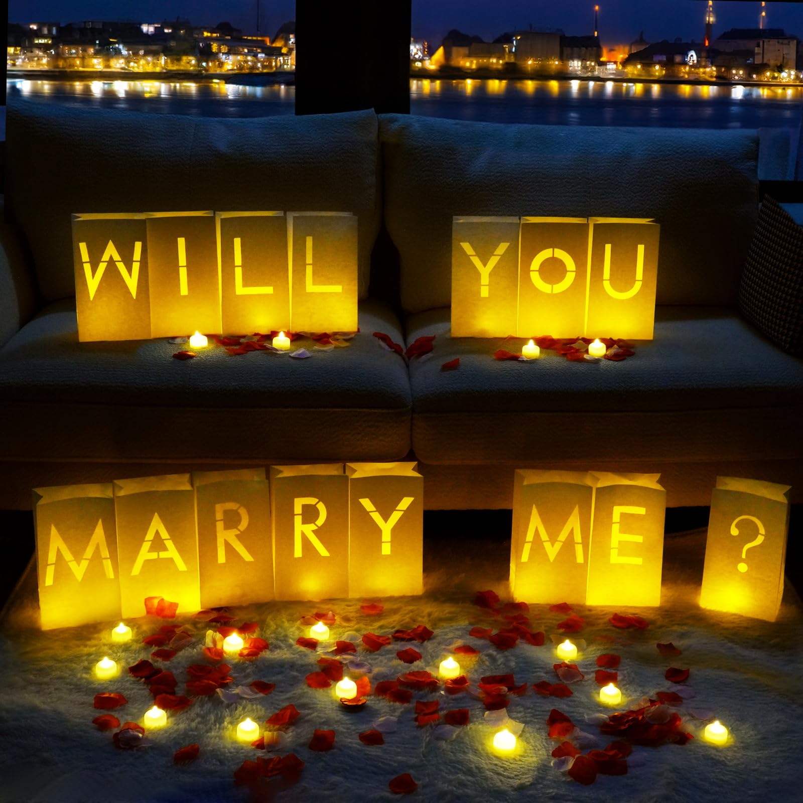 Photo 1 of Homemory Will You Marry Me Light Up Letters Proposal Decorations with Flameless Candles and Fake Rose Petals, Valentine's Day Luminary Bags Decorations for Wedding Engagement