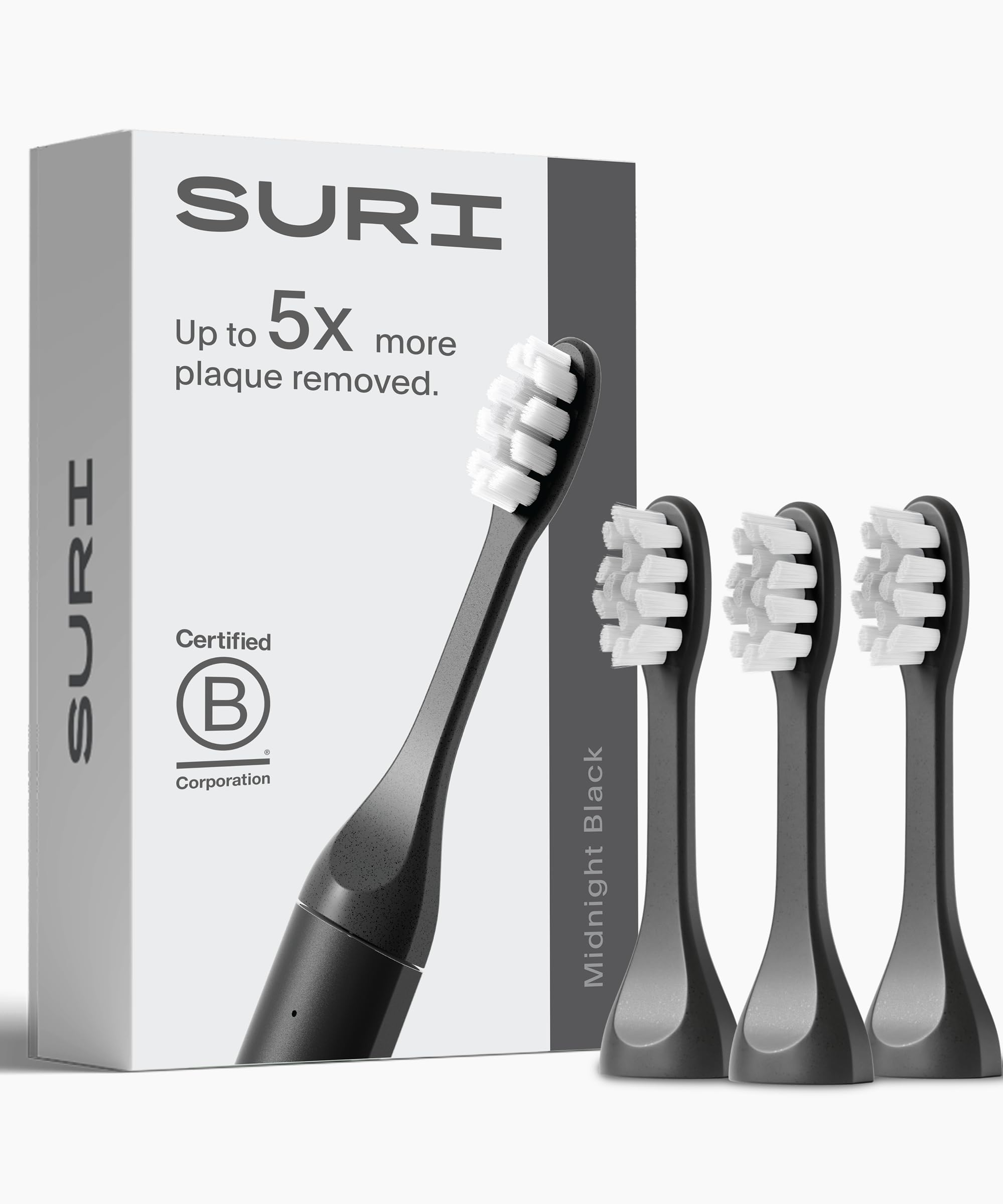 SURI Recyclable Plant-Based, Electric Toothbrush Heads - Built-in Tongue Scraper, Long Lasting Replacement Heads | Compatible Only with SURI Sonic Electric Toothbrush - Midnight Black, Pack of 3