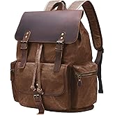 NEHOR Vintage Waxed Canvas Backpack Casual Genuine Leather Laptop Rucksack Shoulder DayPack for Travel/Hiking/School