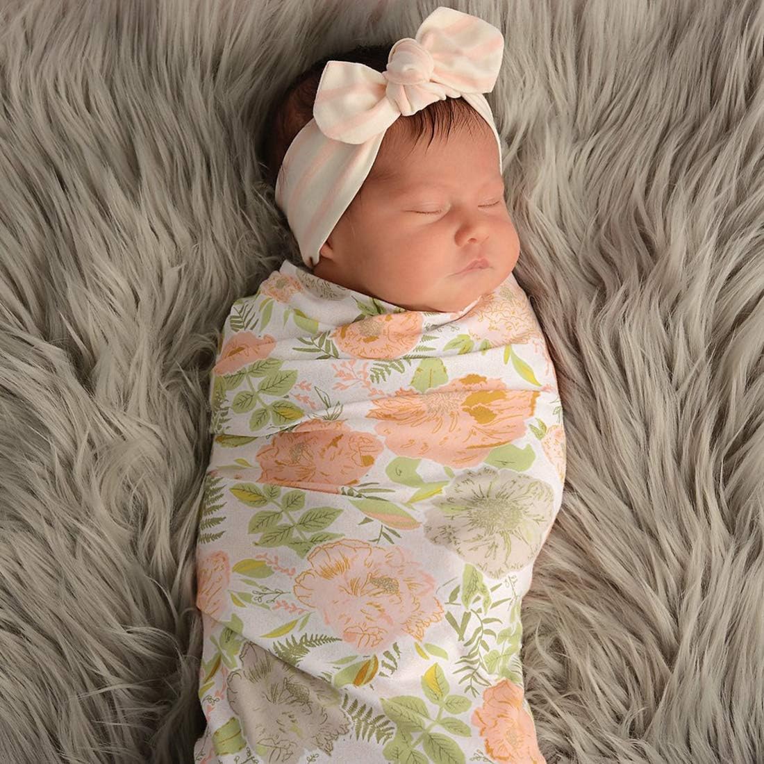 Terriboo Newborn Girl Receiving Blanket Floral Printed Baby Swaddle Blanket Photography Blanket with Headband