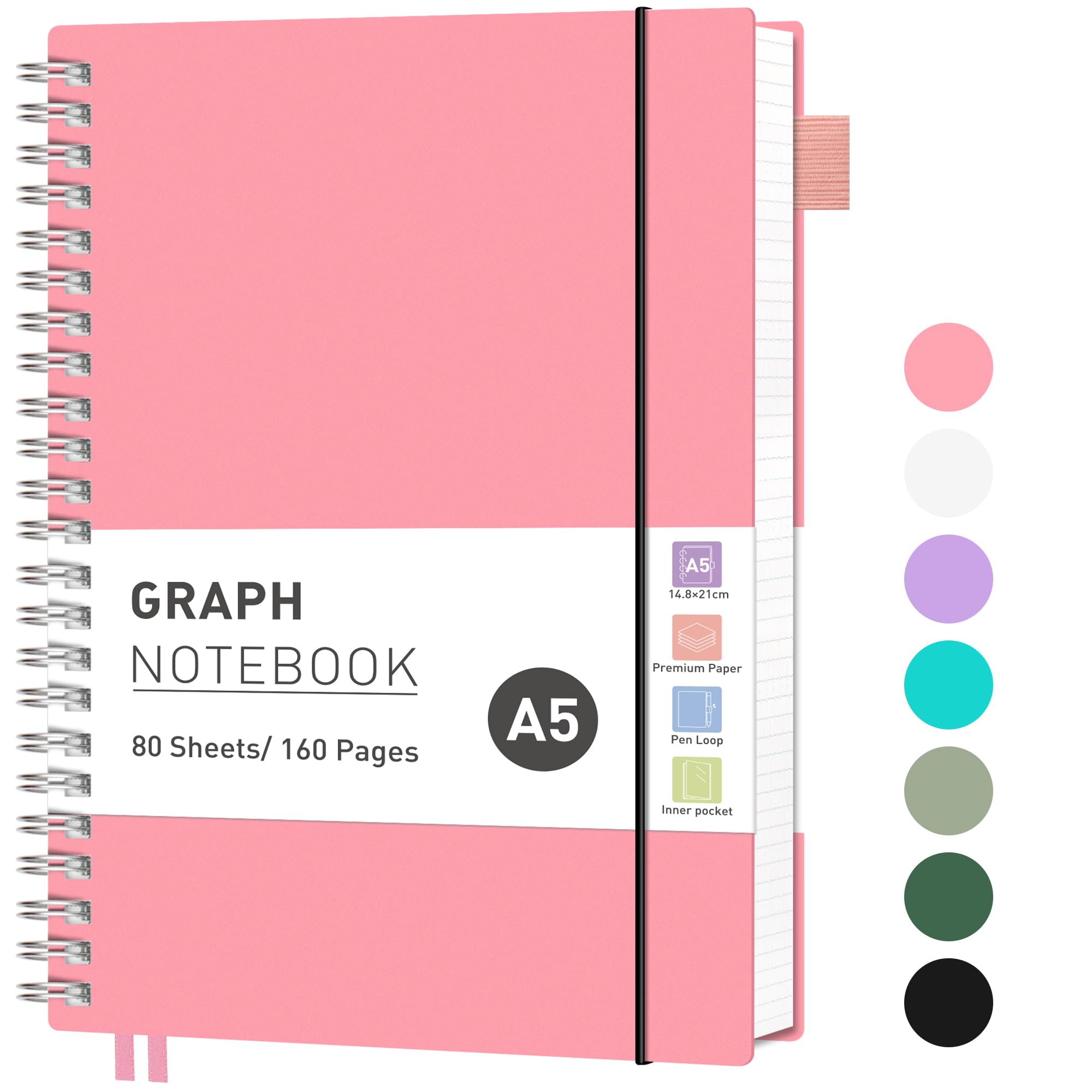 RETTACY Graph Grid Paper Notebook, 160 Pages, A5 Size (14.5 x 21 cm), 5mm per Square, 100 GSM Thick Paper, Flexible Plastic Cover, Spiral-bound, for School, Students, Math, Engineering (Pink)