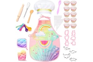 CACASO 22Pcs Kids Chef Role Play Costume Set,Toddler Cooking Apron Set,Apron&Chef Hat for Dress Up Chef Costume Play for Kids