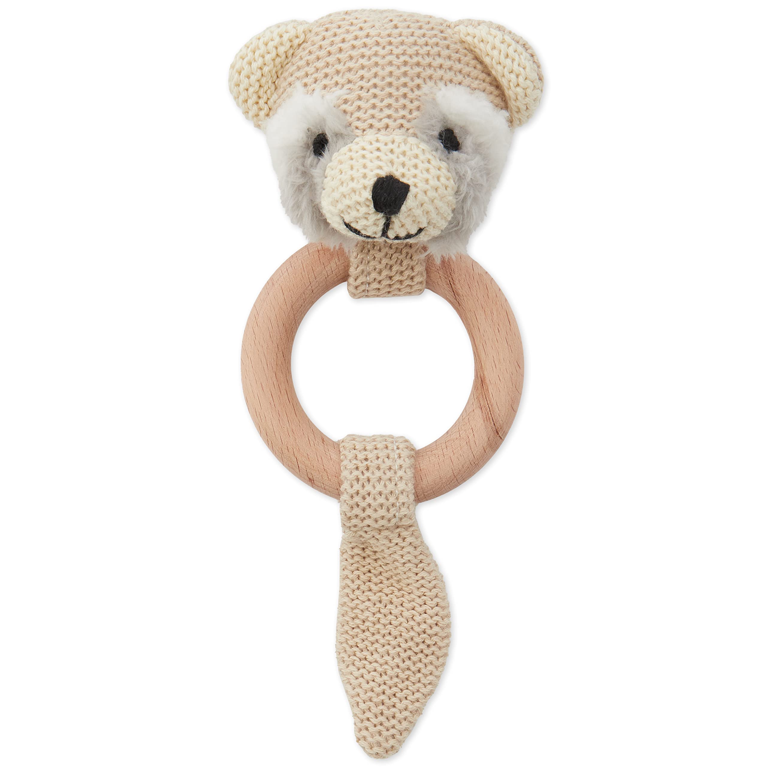 Bieco Baby Rattle Teething Toy | Cute Crochet Raccoon Rattle with Wooden Ring | Baby for Boys & Girls | Crochet Raccoon Teether | Teething Rings