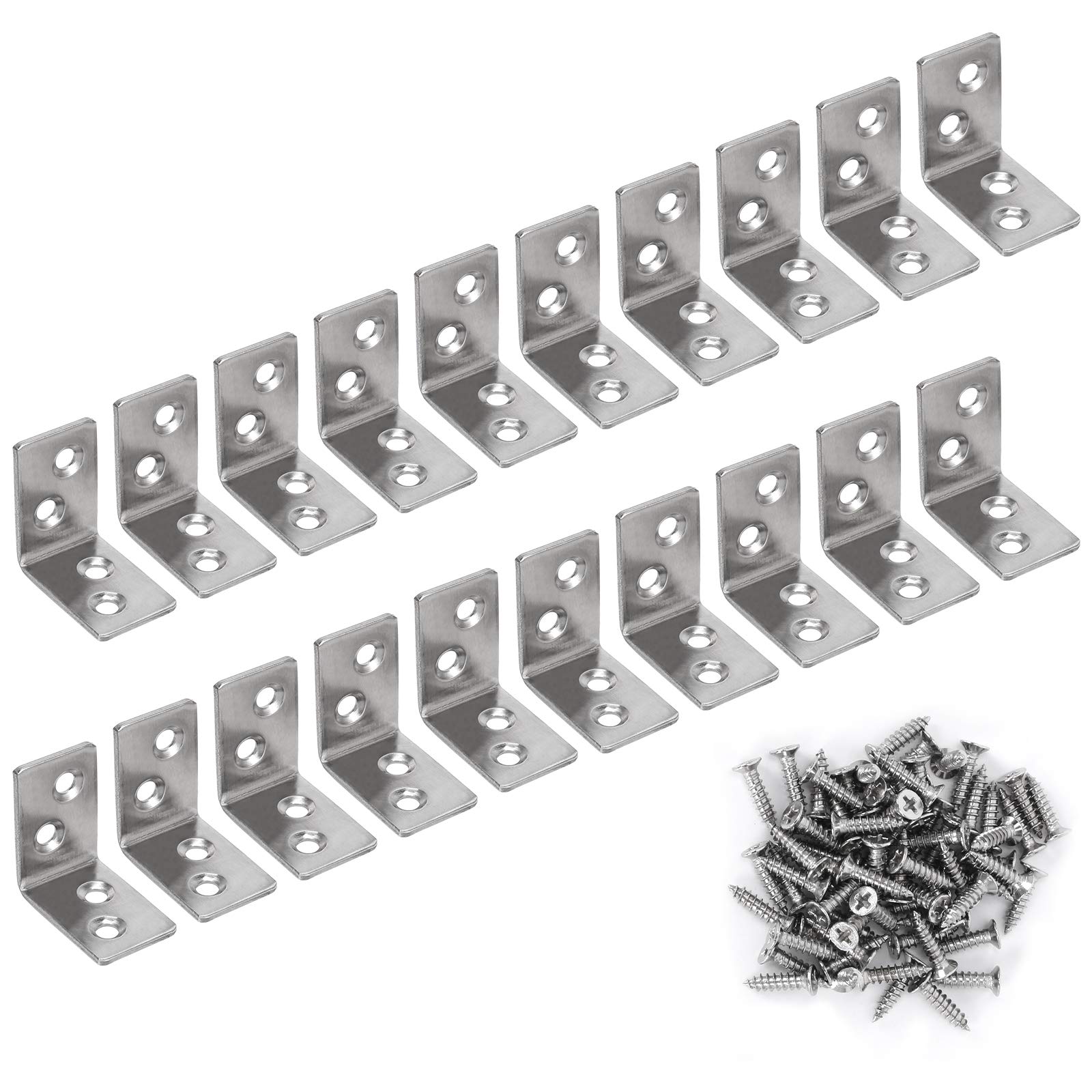 OUBTDK 20PCS 90 Degree Angle Brackets, Stainless Steel Wood Brackets for Furniture, Chair, Cabinet, 30x30x20mm with 80Pcs Screws