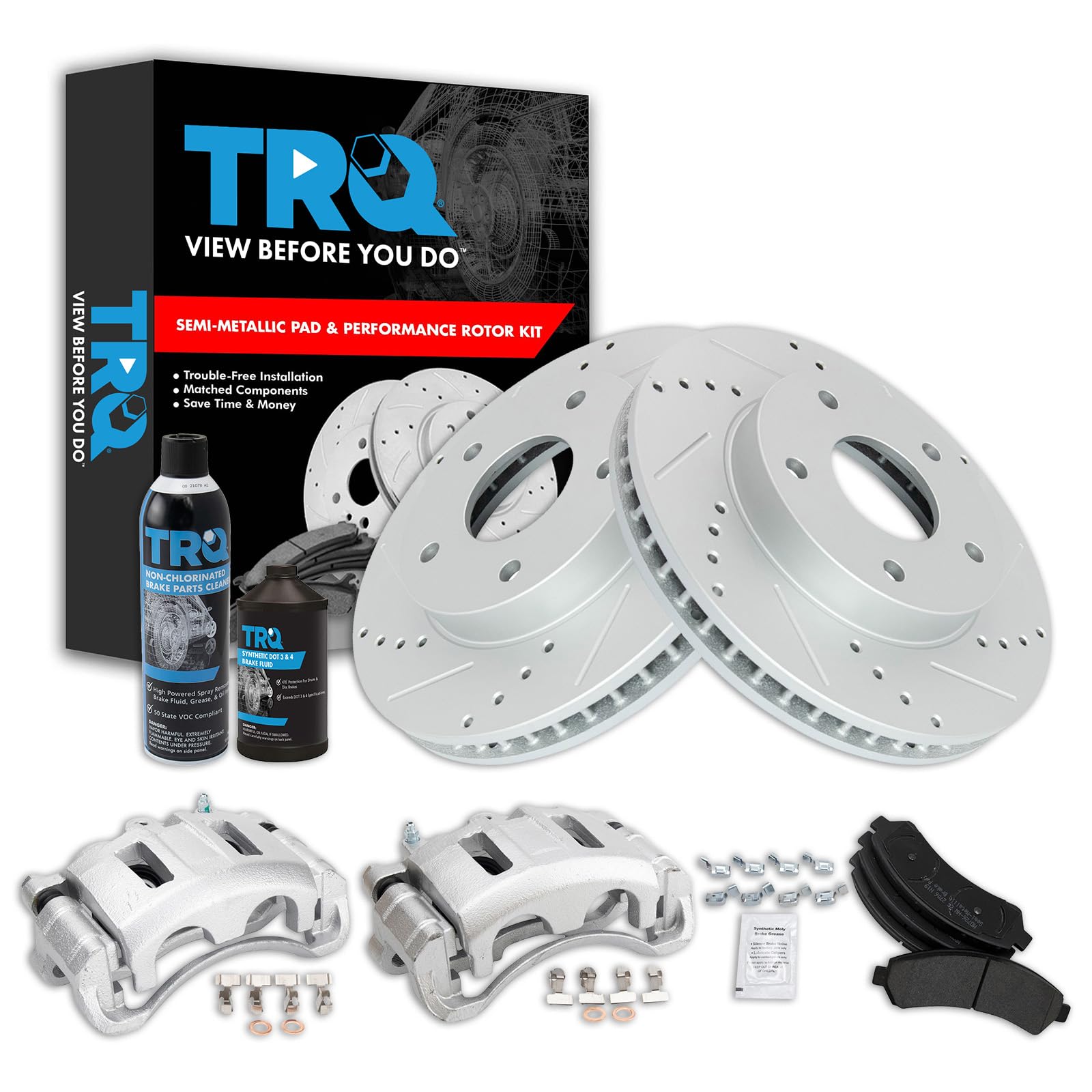 TRQ Performance Front Performance Brake Pad & Rotor Kit Semi-Metallic Premium G-Coated Slotted X Drilled Compatible with 97-05 Blazer 97-01 Bravada 98-00 Hombre Jimmy 98-04 S10 Sonoma