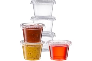 Pantry Value [1 oz. - 100 Count Clear Disposable Plastic Portion Cups with Lids - Small Plastic Condiment Containers for Sauce, Salad Dressings & Portion Control