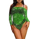 LUCKELF Women's Black Fishnet Bodysuit Sparkle Rhinestone Top Lingerie Thong Bodysuit