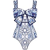 FLAXMAKER Women's One Piece Celadon Bow Bathing Suit Celadon Print Swimsuit and Skirt