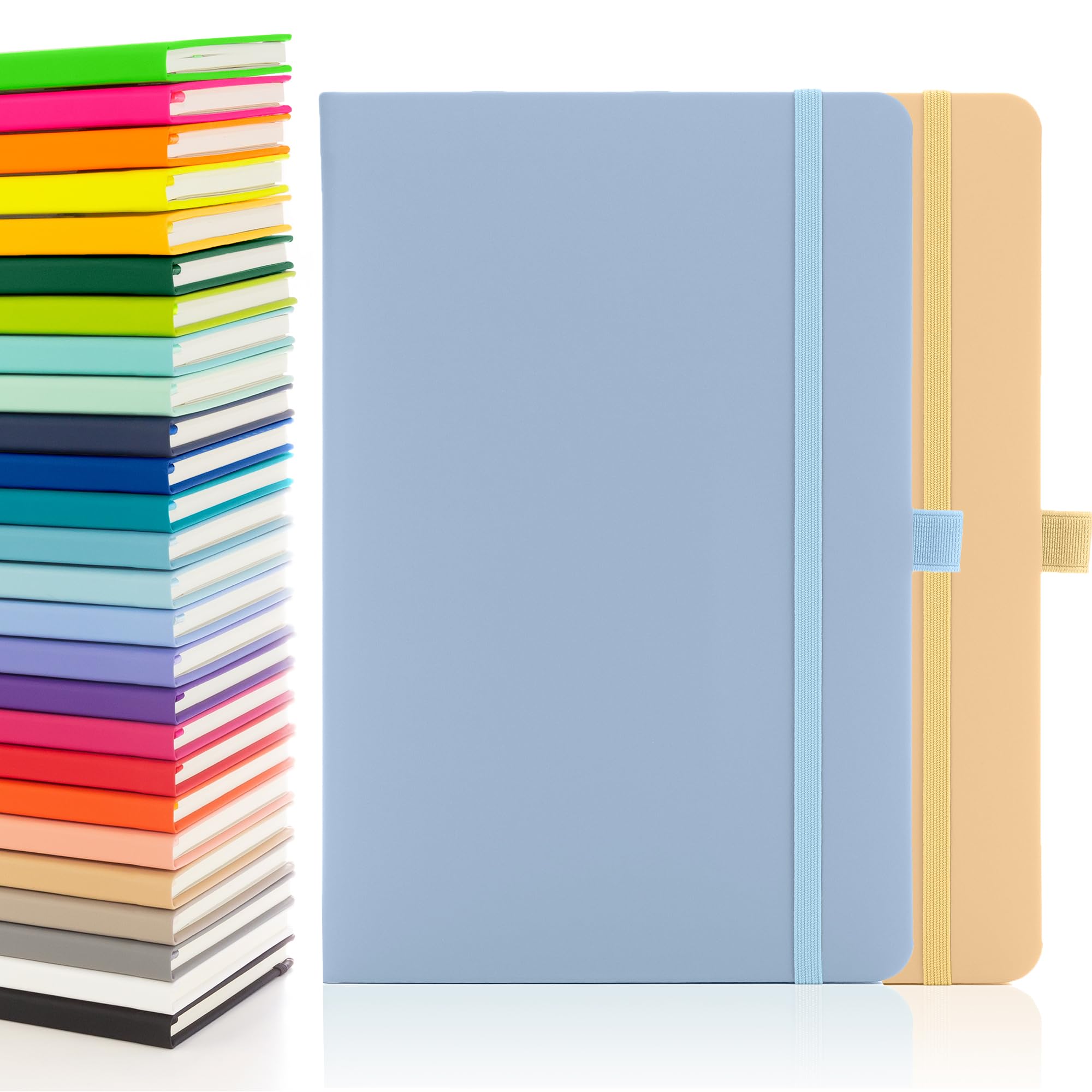 Notes London 2 x Eco A5 Notebook with Lined Pages, Pen Loop, Ribbon, Date Marks and Paper Pocket, Medium Hardback Journal, Note, sustainably sourced paper (Pastel Tan & Pastel Blue)