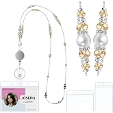 Uniclife Retractable Beaded Lanyard for ID Badges and Keys with ID Holder, Pearl &amp; Crystal Lanyard, Cute Badge Lanyards for Women, Champagne