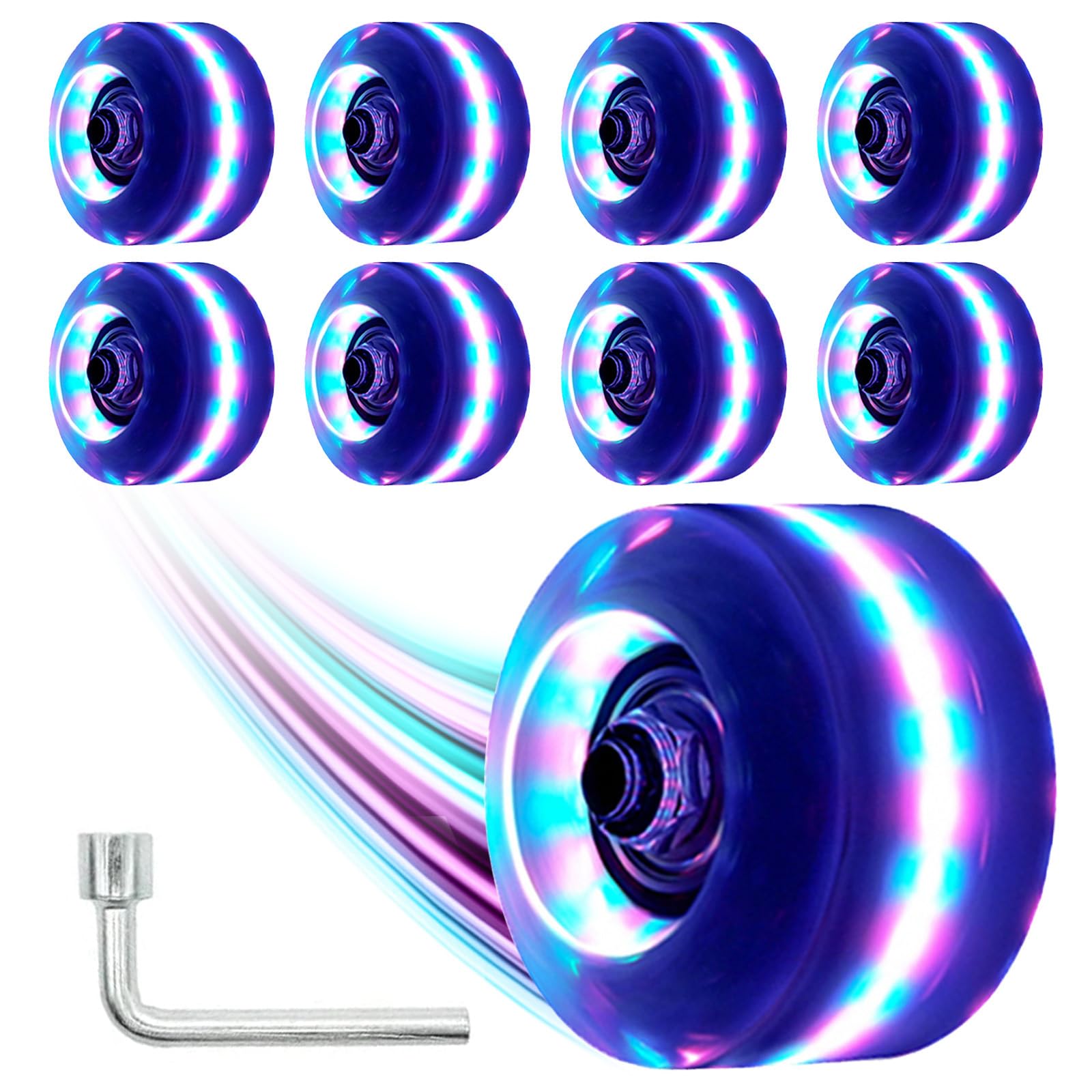 Nezylaf Light Up Roller Skate Wheels 8 Pack, 78A Hardness LED Skateboard Wheels with Premium ABEC-9 Bearings, Illuminating Roller Skate Accessories for Outdoor Indoor Quad Skates