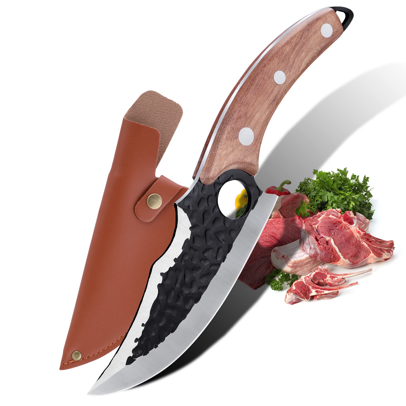 Photo 1 of JAVENYIMAN Hand Forged Chef Knife,6 Inch Viking Knife Butcher Boning Knife With Leather Sheath,Handmade Japanese Steel Kitchen Knife,Meat Vegetable Cutting Knife,Caveman Knife for Camping&Outdoor