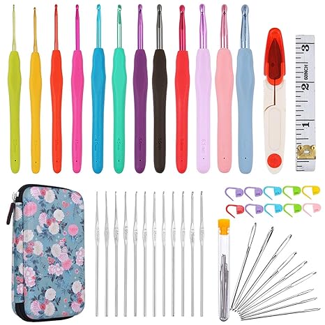 Alles-in-einem Häkelnadel Set PLUS Großes-auge Blunt Nadeln Garnstricken mit Tragetasche und mehr Zubehör! Ergonomischer Grif