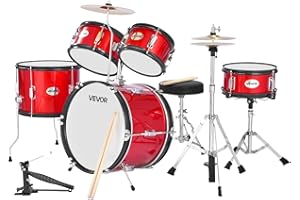 VEVOR Kids Drum Set, 5-Piece 16 in Junior Drum Sets, Beginner Drums Set with Adjustable Throne, Cymbal & Two Pairs of Drumsticks, Musical Learning Drums Instruments Kit, for Children Ages 6-13 (Red)