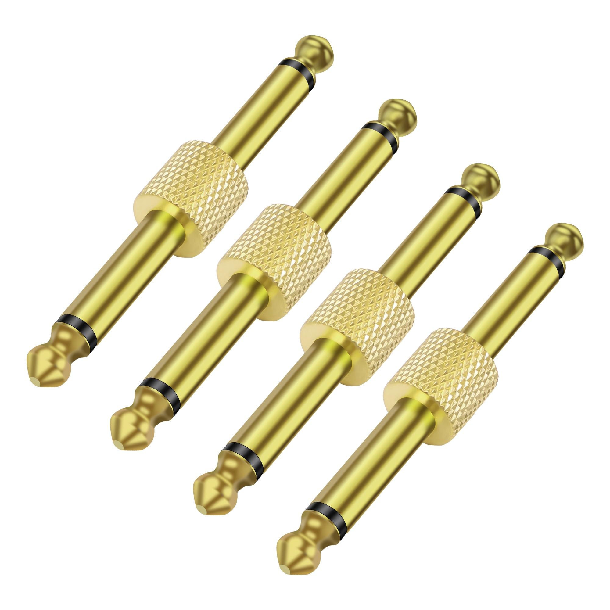 MEIRIYFA Guitar Pedal Patch Connector 6.35mm 1/4" Effect Couplers TS Mono Male to Male Adapter Audio Converter Connector for Electric Guitars Pedalboard (Gold, 4Pcs)