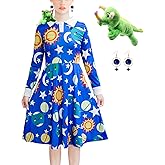 Lumeifushi Halloween Women's Planets Stars Moon Solar System Dress Cosplay Costume A-Line Dress Bring lizard and earrings