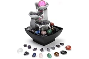 VICVIK 3-Tier Tabletop Fountain, 9" Indoor Waterfall Desktop with Healing Crystals Set, Zen Meditation Relaxing Soothing Fengshui Decoration Includes Colored LED Lights for Home Office Bedroom