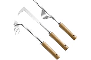 CZZXI 3pc Hand Weeder Tool Set - L-Shaped Crack Weeder, V-Shaped Gardenia Uprooter Tool & 4-Claw Weed Hoes - Stainless Steel & Beech for Deep Roots, Cracks, Lawns, Garden