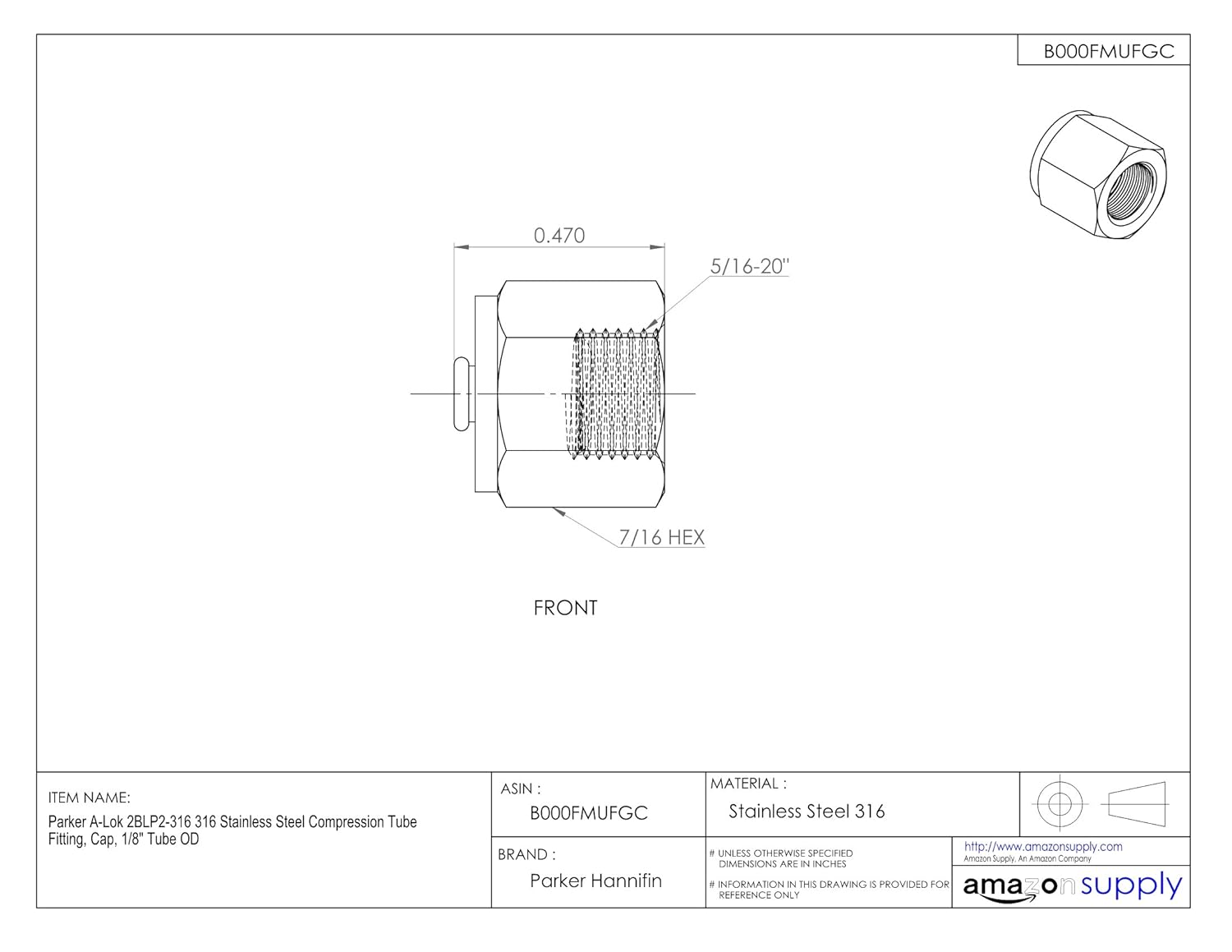 1/4 Tube OD Parker ALok 4BLP4316 316 Stainless Steel Compression Tube Fitting Cap tillescenter