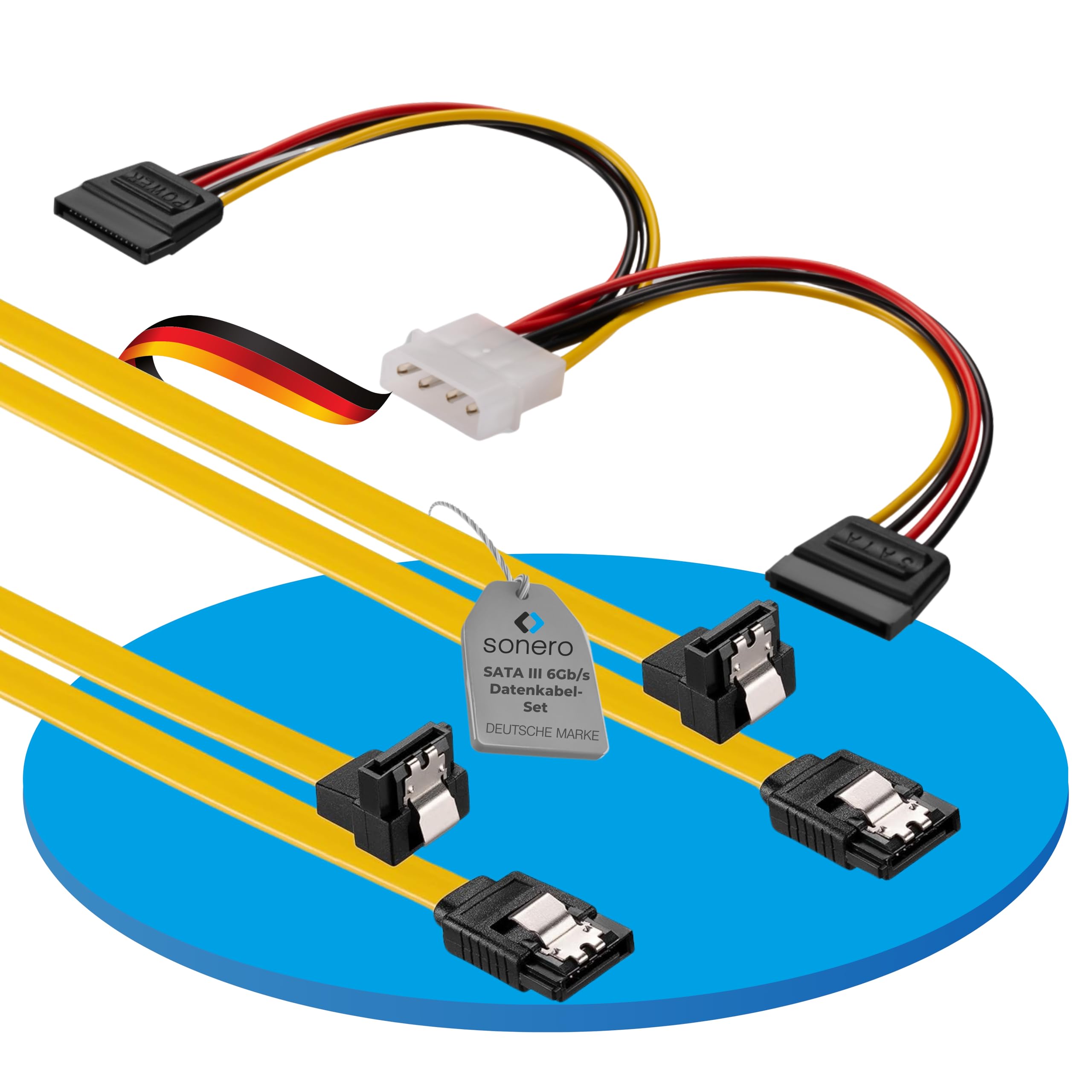 Sonero® SATA III 6Gb/s Data Cable Set 2x 0.50 m Angled + 4-Pin to 2x SATA Yellow