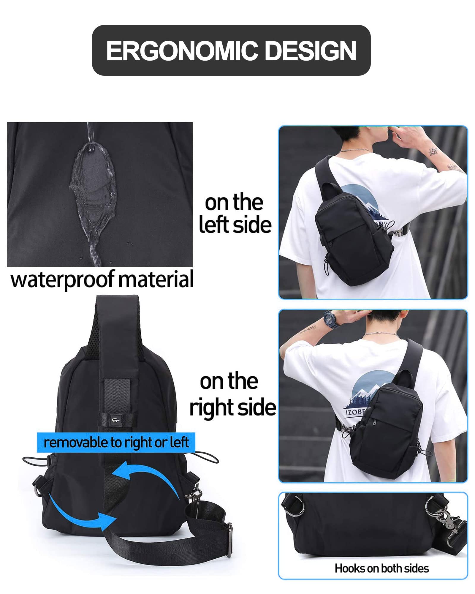 Small Black Sling Crossbody Backpack Shoulder Bag for Men Women, Lightweight One Strap Back Pack Sling Bag Backpack for Hiking Walking Biking Travel Cycling USB Charger Port-Nylon