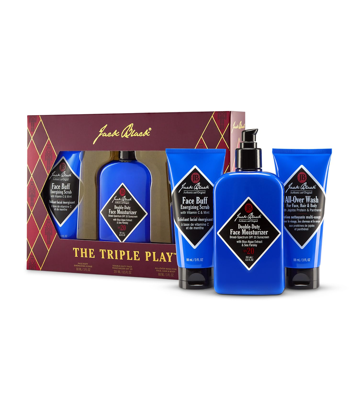 Jack Black Holiday Triple Play Gift Set for Men – Face Buff, Double-Duty Face Moisturizer, All-Over Wash for Face, Hair & Body, Mens Skin Care Kit, Men's Skincare Gift Set Image