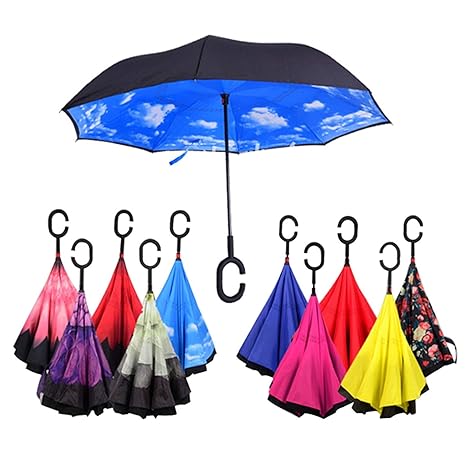 Polyester Windproof Reverse Folding Double Layer Inverted Rainy Umbrella with C Shape Handle (Multicolour)