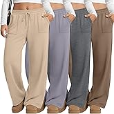 Evervibe 4 Pack Women Plus Size Pants Drawstring Yoga Pants with Pockets Baggy Wide Leg Sweatpants Lounge Palazzo Trousers