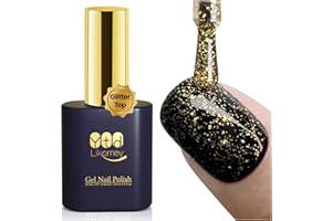 YTD Likomey Gel Polish Gold Foil Top Coat,Glossy No Wipe Long Lasting Shiny Finish Clear Gold Glitter Sparkle,Fall Winter Salon Home DIY UV Manicure Nail Art Varnish UV Nail Gel,15ml 0.5 Fl Oz