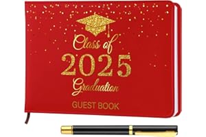 Frienda Leather Graduation Guest Book with Pen Graduation Party Supplies 2025 Grad Party Sign in Guest Book for College, High School(Class of 2025,Red, Gold)