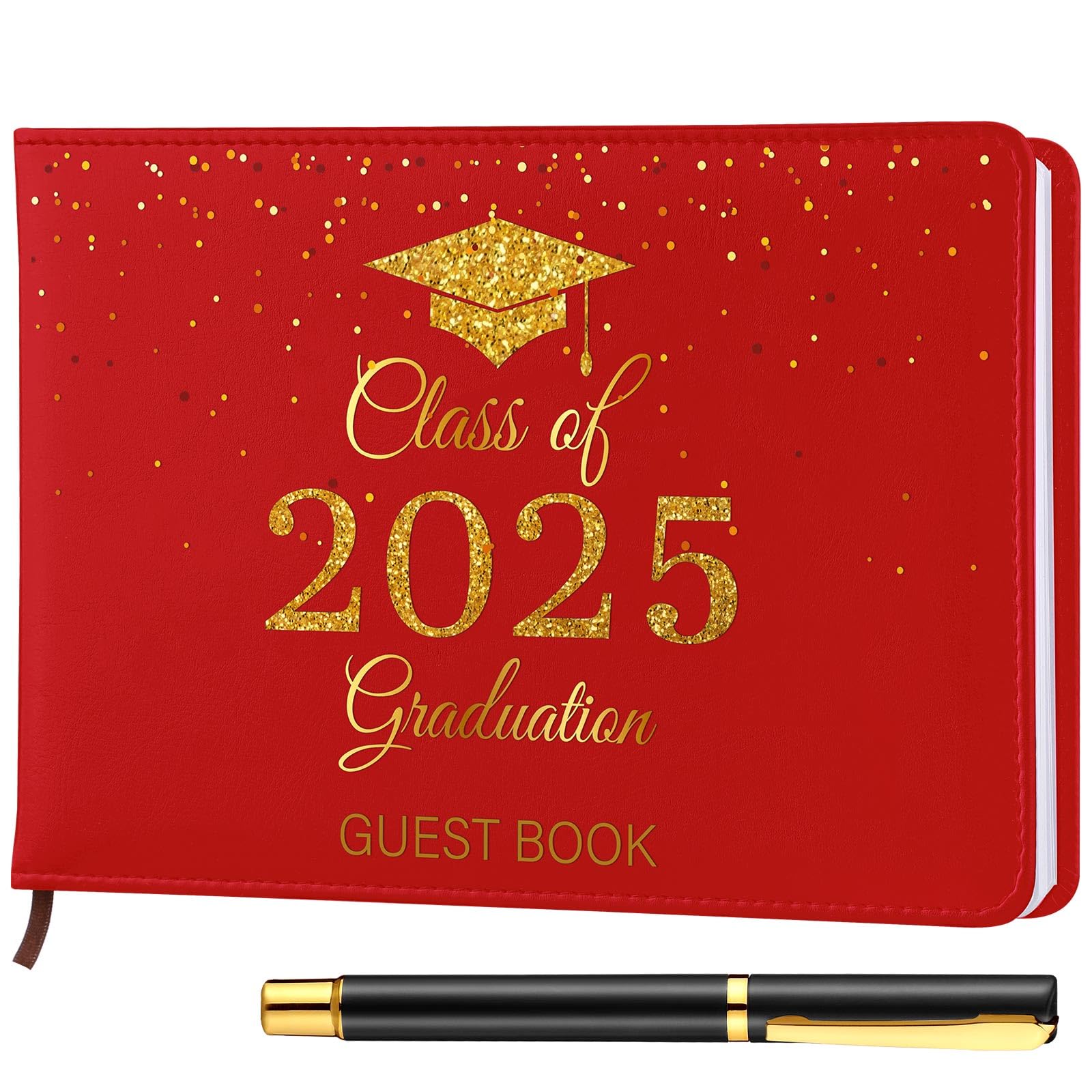 Photo 1 of Frienda 2025 Graduation Guest Book Leather Guest Sign in Book with Pen Graduation Party Favors Congratulation Graduates Signature Book(Class of 2025,Red, Gold)