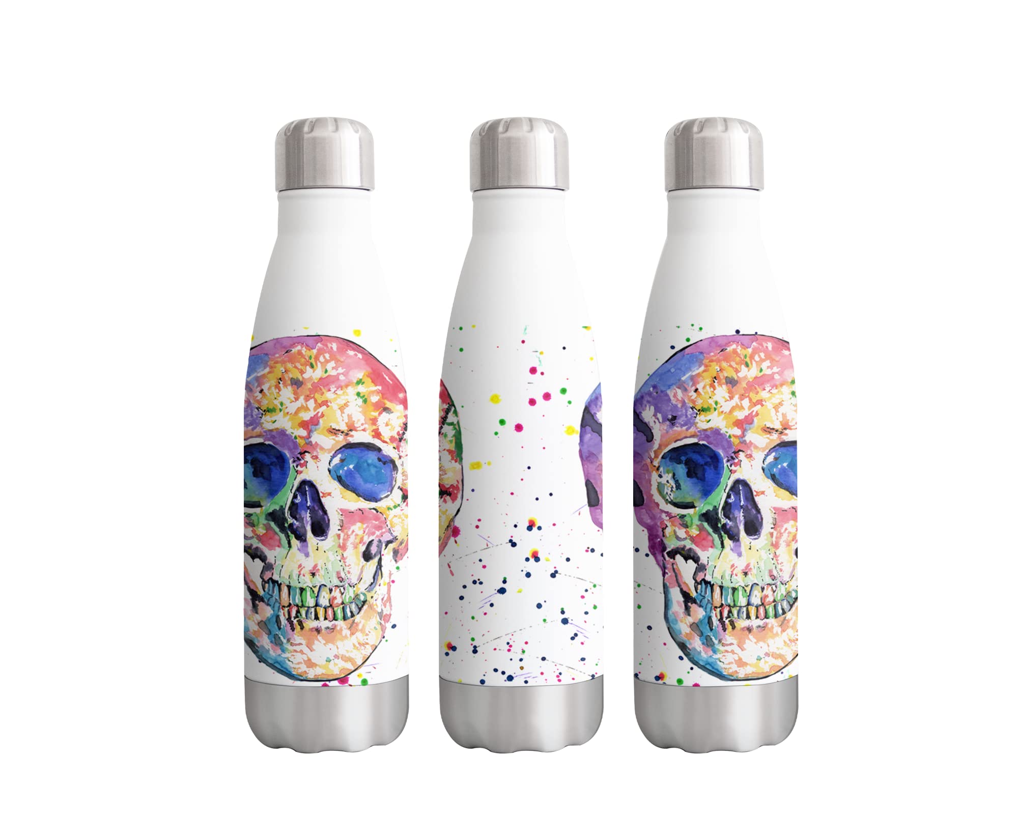 Skull Watercolour Rainbow Art Bottle Double Wall Insulated Stainless Steel Sport Drinks 500ml White Gift Ideal for School Work Office Oudoor Sports Keeps Hot and Cold Drinks