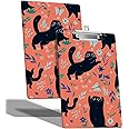 A4 Size Clipboard with Hanging Hook and Low Profile Clip, Plastic Nurse Clipboard Writing Drawing Board with Double-Sided Black Cat Flowers Print for Woman Kids Office School Use
