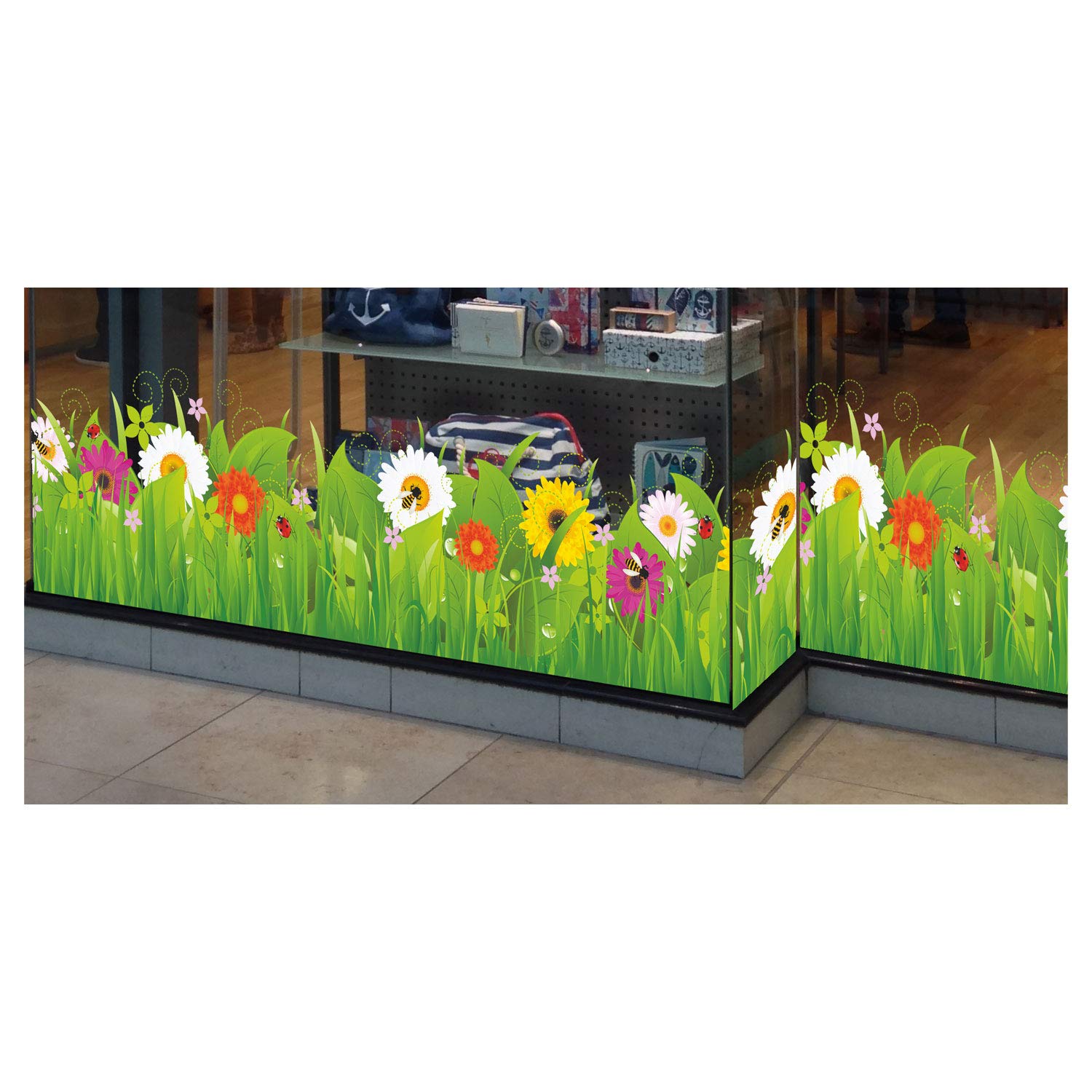 Spring Window Stickers Wild Grass with Flowers and Insects Window