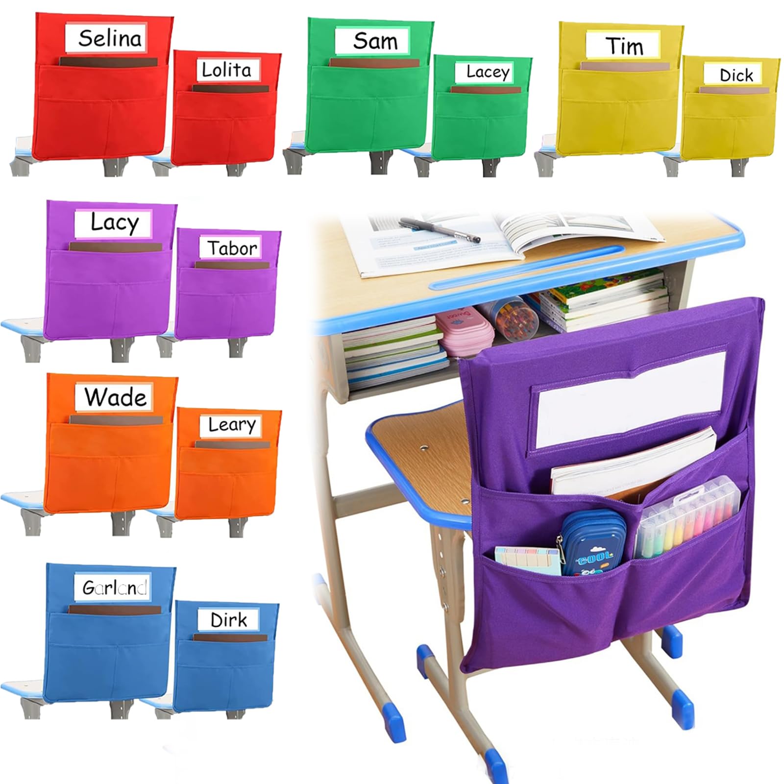 12 Pack Chair Pockets for Classroom, Chairback Book Organizer with 3 Pockets and Name Tag Slot, 6 Bright Color Seat Storage Organizer for Kindergarten Primary School Students & Home,16 x 19Inch