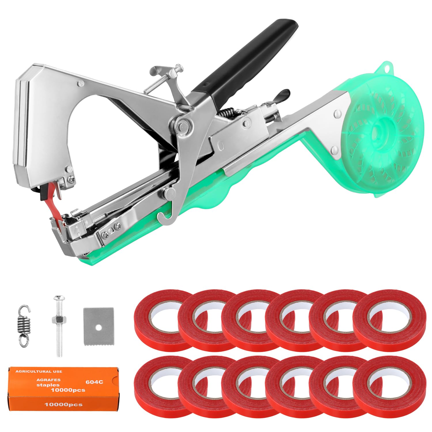 QWORK® Plant Tying Machine, Gardening Tying Tool with 13 Rolls Tape, Garden Vine Tying Tape Tool with Staples, Tying Machine, for Grapes, Cucumbers, Tomatoes