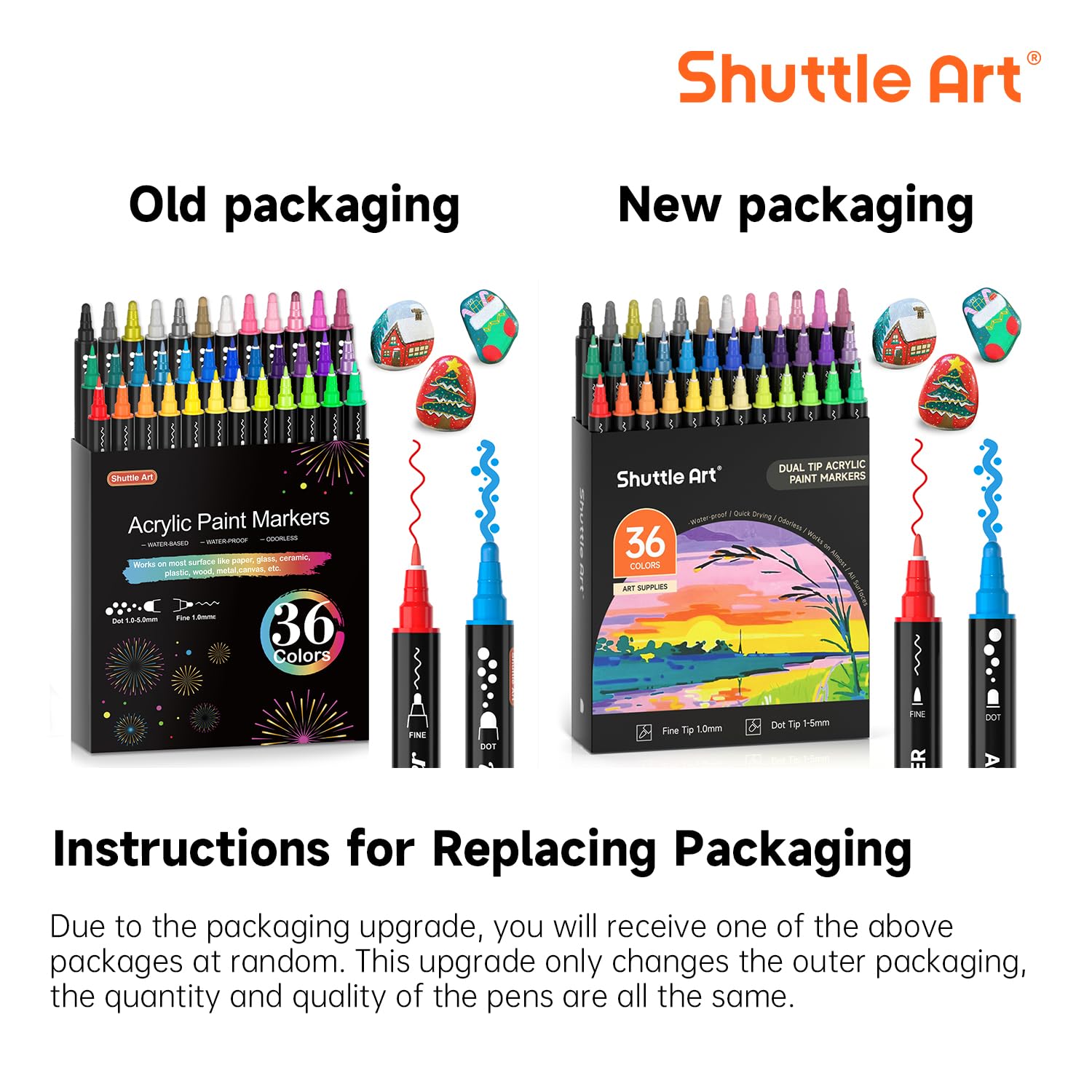 Shuttle Art Acrylstifte für Steine wasserfest, 36 Farben Steine bemalen Stifte Set, doppelköpfige Acrylmarker mit Dot & feine Spitze, Acryl Stifte für holz, Ostereier, Glas, Keramik, Leinwand 9