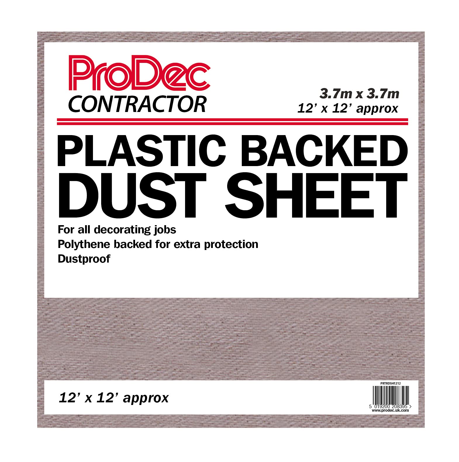 ProDec Contractor 12ft x 12ft Contractor Poly Backed Dust Sheet Drop Cloth For Painting Decorating Covering Stairs, Hallways, Corridors and Floors, Absorbs Spills, No Soak Through, Reusable