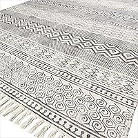 Eyes of India - 4 X 6 ft White Black Block Print Area Accent Dhurrie Cotton Rug Flat Weave Woven Boho Chic Indian Bohemian