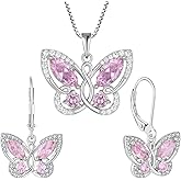 STARCHENIE Butterfly Necklace and Earrings Set, 925 Sterling Silver with Created Pink Tourmaline, Jewelry Gift for Women